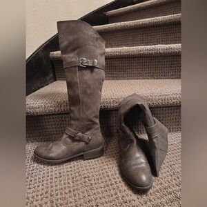 Gray Suede Knee-High Boots w/Buckle Detail